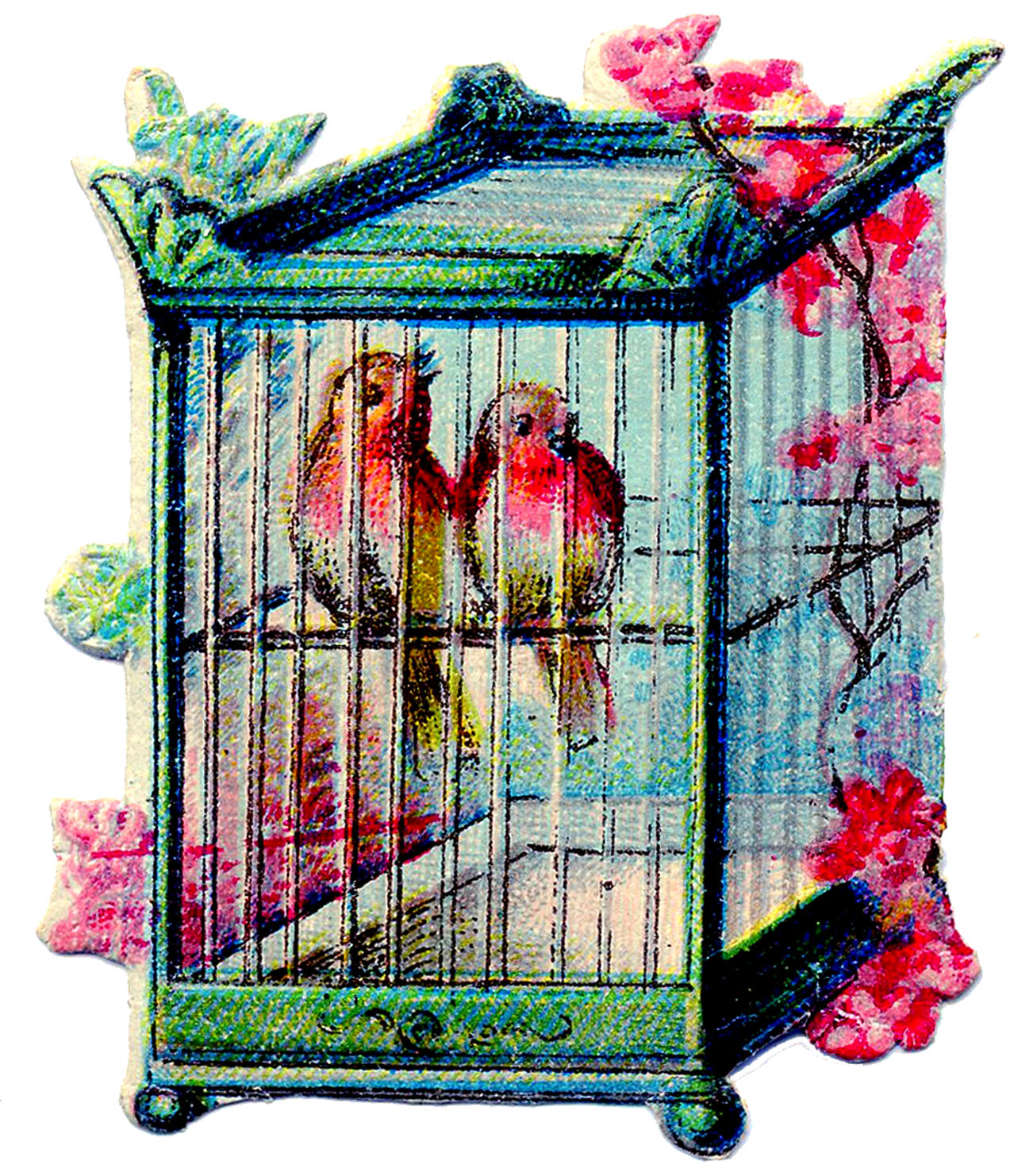 Vintage Clip Art   Pretty Birds In Asian Style Bird Cage   The