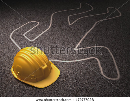 Accident At Work  A Helmet Over The Dead Body Outline    Stock Photo