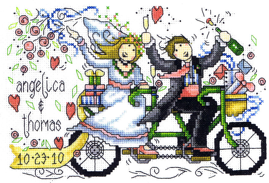 An Attractive Cartoon Wedding Sampler With A Bride And Groom On A