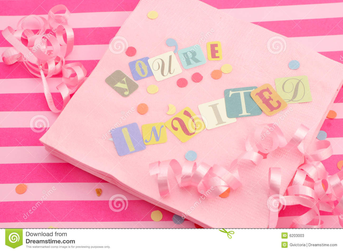 Cut Out Letters Spelling You Re Invited On Pink Napkins With Curled