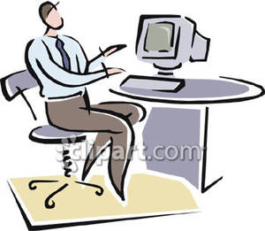 Man Sitting At A Desk With A Computer On It Royalty Free Clipart    