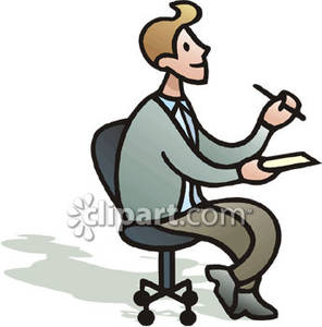 Man Sitting In A Desk Chair With A Paper And Pen   Royalty Free    