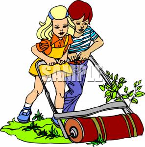 Royalty Free Clipart Image  A Boy And Girl Pushing An Old Fashioned