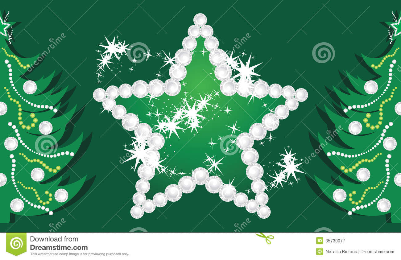 Shining Star And Christmas Trees On The Dark Green Royalty Free Stock    