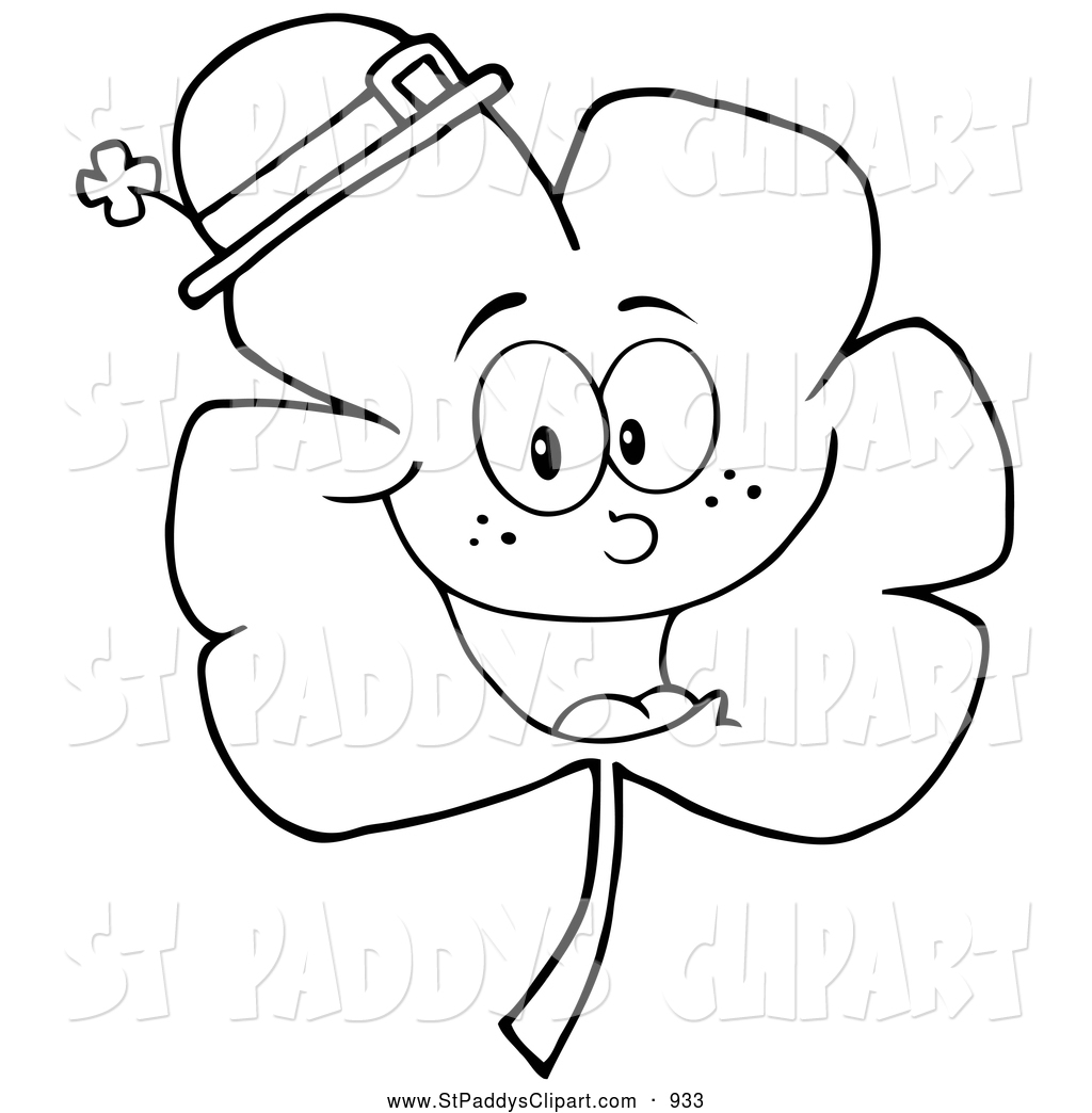 Black And White Happy Smiling St Patricks Day Shamrock Wearing A Hat