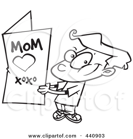 Black And White Outline Design Of A Boy Holding A Mothers Day Card By