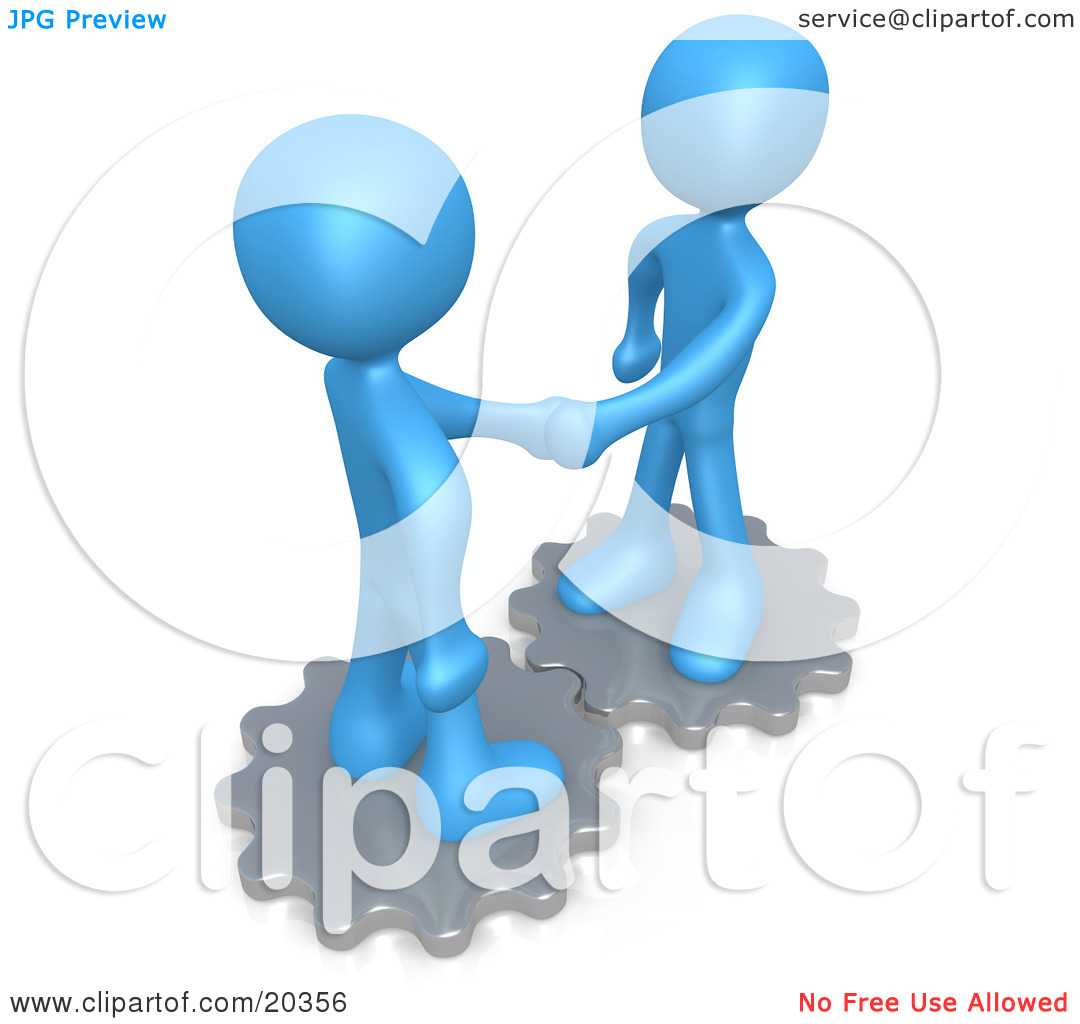 Clipart Illustration Of Two Blue People Standing On Silver Cog Gears