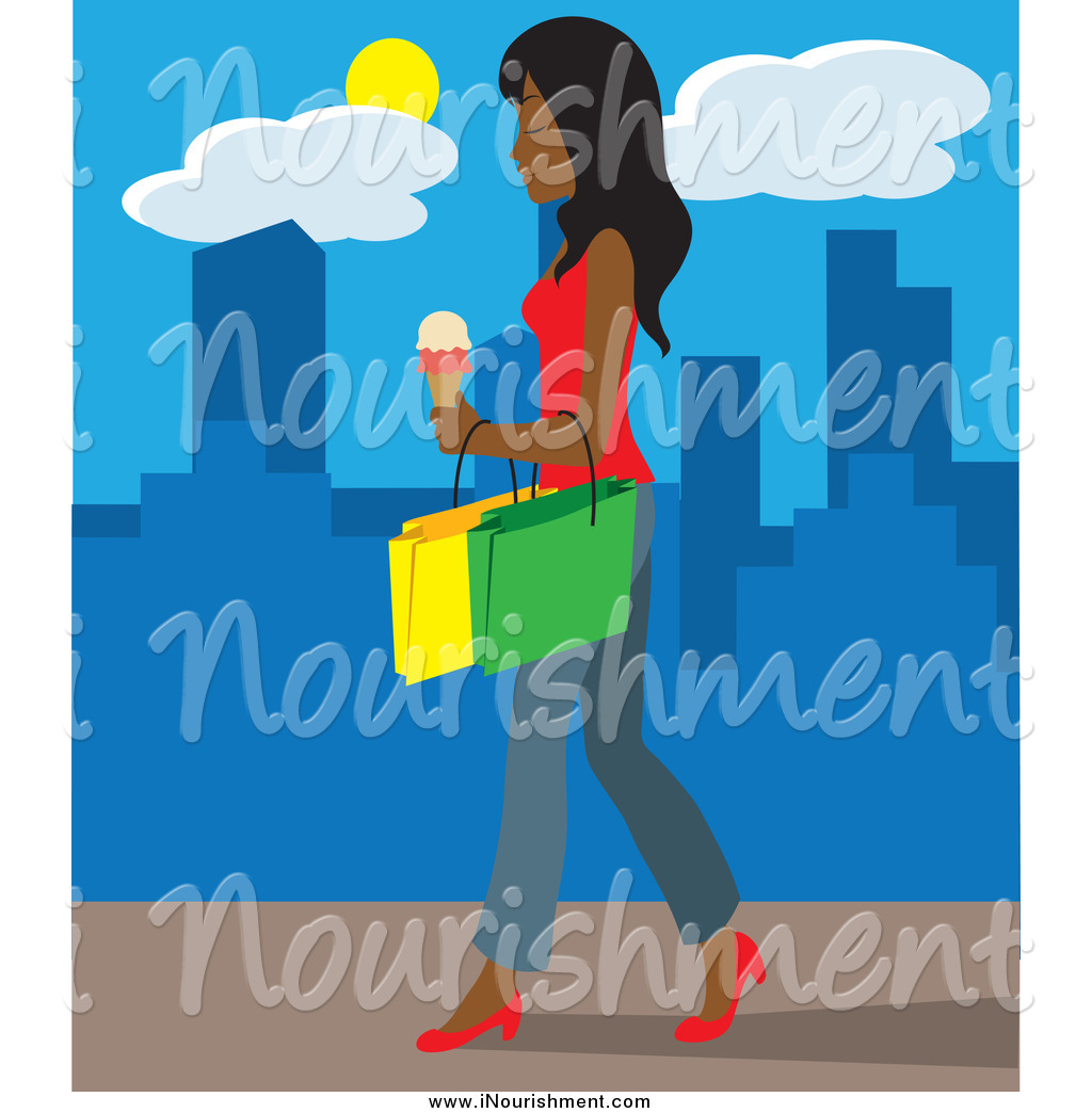 Clipart Of A Young Indian Woman Walking On A City Sidewalk Carrying