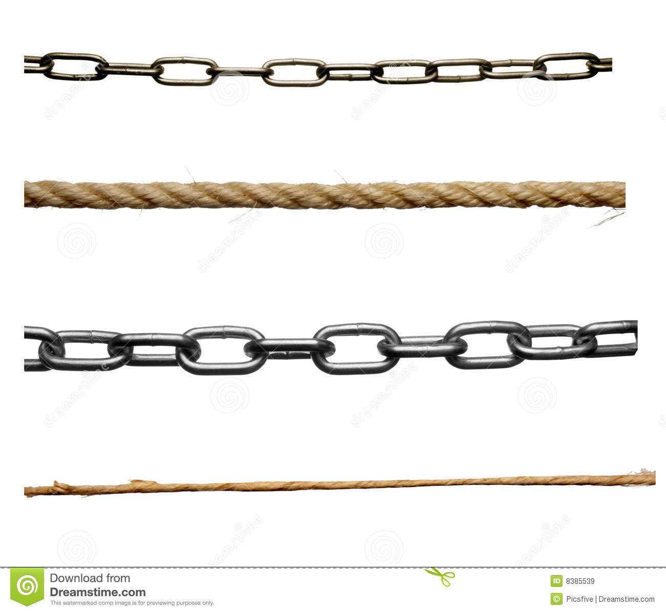 Collection Of Various Ropes And Chains On White Background  Each One