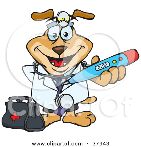 Doctor Dog Wearing A Head Lamp And Holding Out A Blue Thermometer