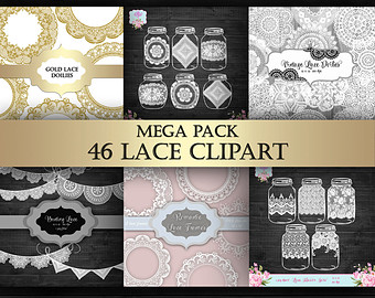 Mega Pack Lace Digital Clipart   Wh Ite Gold Vintage Lace Banner Jars