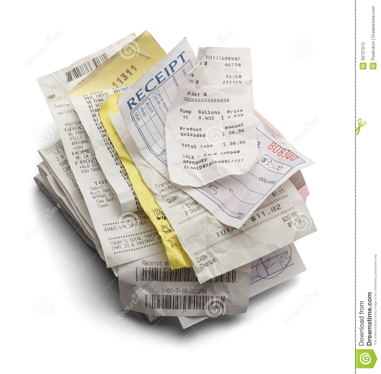Pile Of Varioous Receipts Isolated On White Background