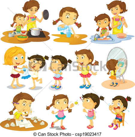 Vector Clip Art Of Different Actions Of A Young Girl   Illustration Of
