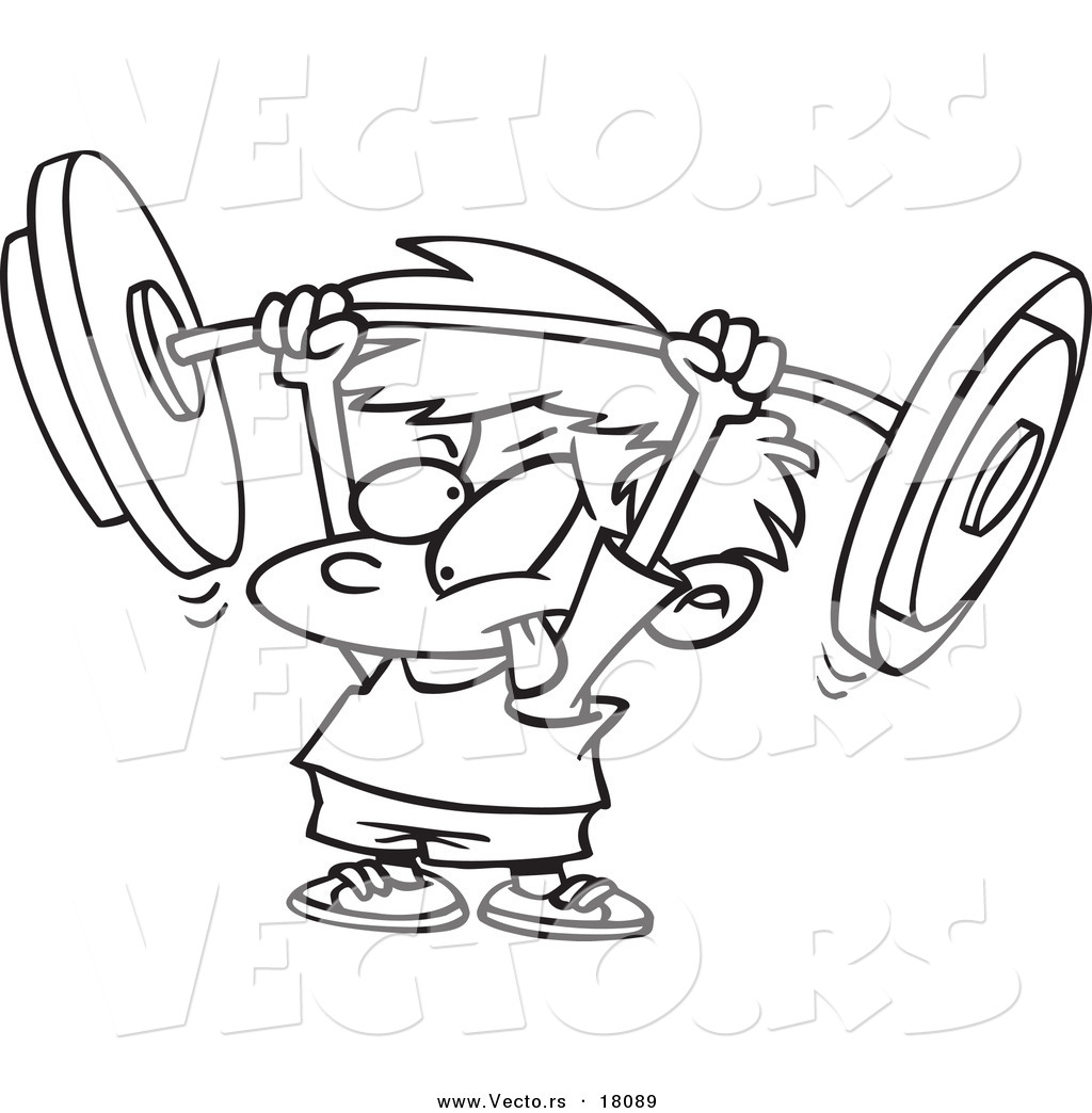 Vector Of A Cartoon Little Boy Lifting A Barbell   Outlined Coloring