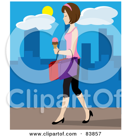 Woman Walking On A City Sidewalk Carrying Ice Cream And Shopping Bags