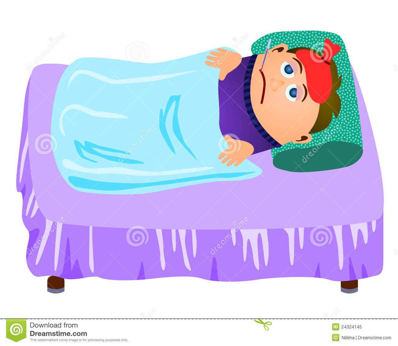 Young Cartoon Boy Lying In Bed And Very Sick