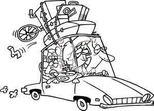 Black And White Cartoon Family Packed In The Family Car For Vacation    