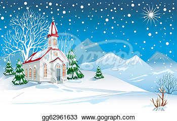 Clipart   Winter Landscape With Church  Stock Illustration Gg62961633