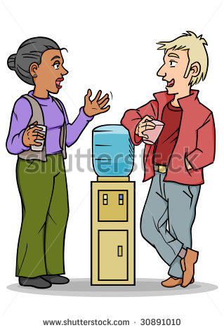 Man And Woman Standing And Talking Around A Water Cooler    Stock    