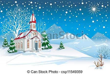 Vector   Winter Landscape With Church   Stock Illustration Royalty