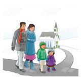 Winter Church Scene With A Family Walking On A Path