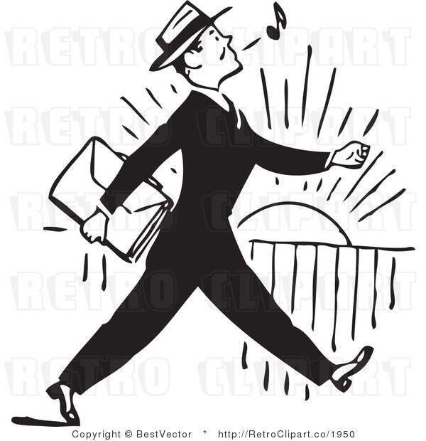And White Retro Vector Clip Art Of A Businessman Whistling And Walking