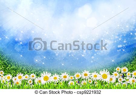 Clip Art Of Green Field With Daisy Flowers Under The Sunlight As    