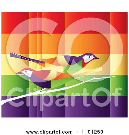 Clipart Colorful Birds On A Branch Over Rainbow Stripes   Royalty Free