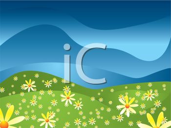 Field Of Flowers With A Blue Sky   Royalty Free Clip Art Picture