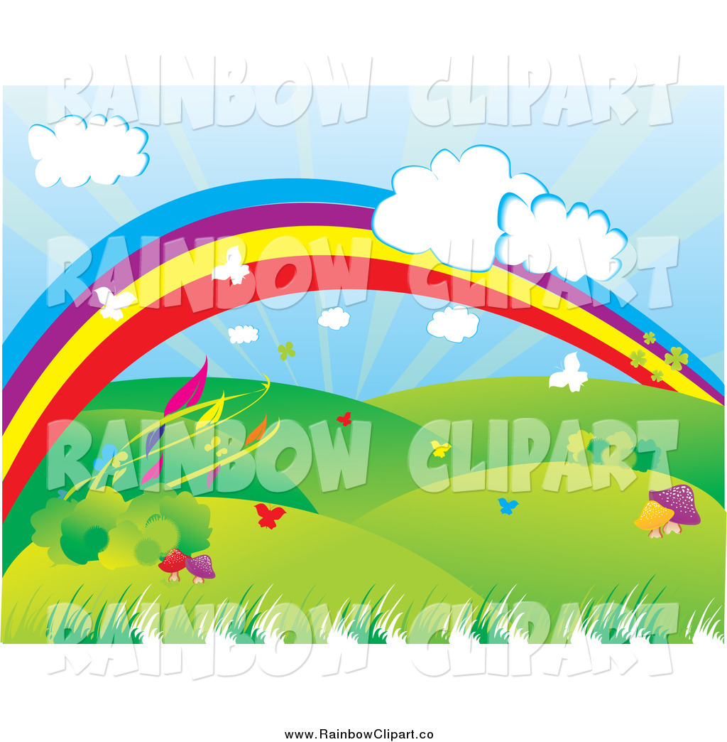 Larger Preview  Vector Clip Art Of A Rainbow And Clouds Over A Hilly