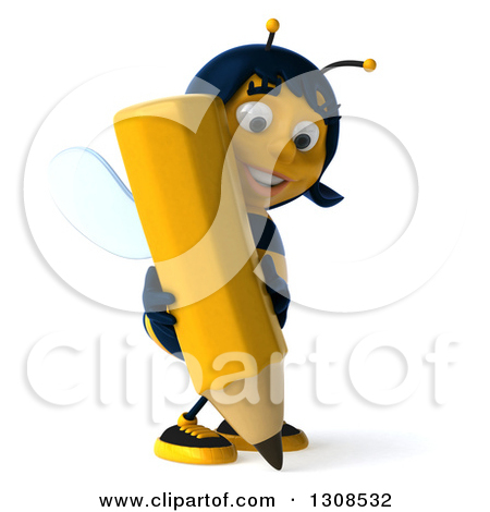 Clipart Of A 3d Happy Female Bee Facing Left And Writing With A Giant    