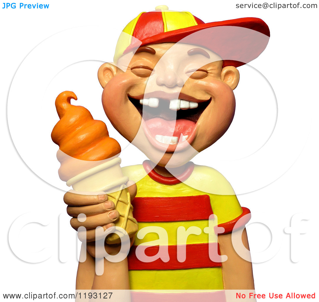Clipart Of A 3d Laughing Boy With Missing Teeth Holding An Orange Ice    