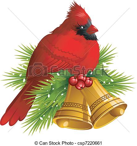 Vector Clip Art Of Cardinal Bird With Christmas Bells Over White Eps 8