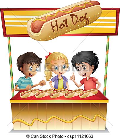 Clip Art Vector Of Three Kids In A Hotdog Stand   Illustration Of