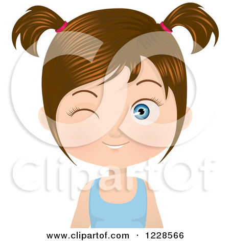 Clipart Of A Winking Brunette Girl In Pigtails   Royalty Free Vector