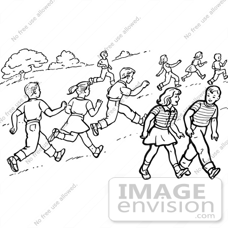 Clipart Of Retro Boys And Girls Running And Walking In A Park In Black