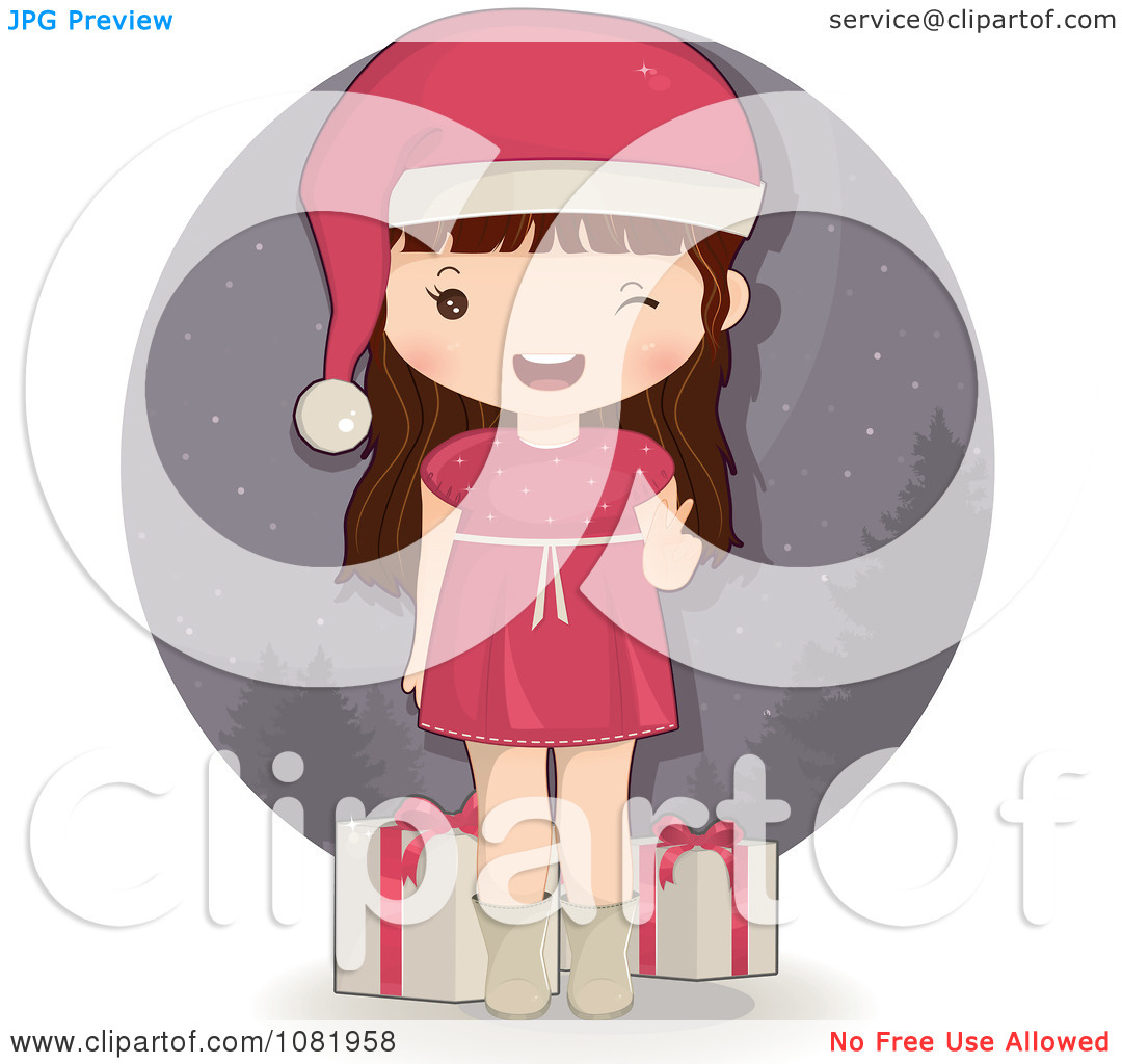 Clipart Winking Brunette Christmas Girl In A Pink Dress   Royalty Free