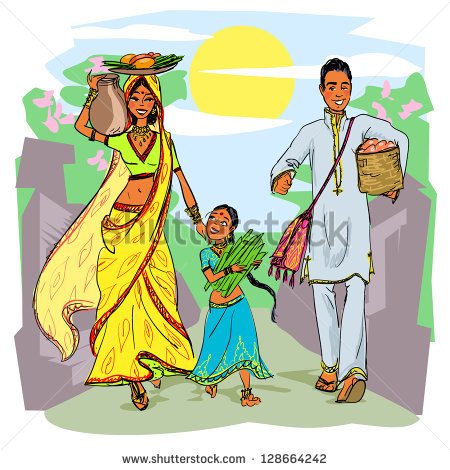 Indian Family Woman With Daughter And Husband Hand Drawn Parents And    