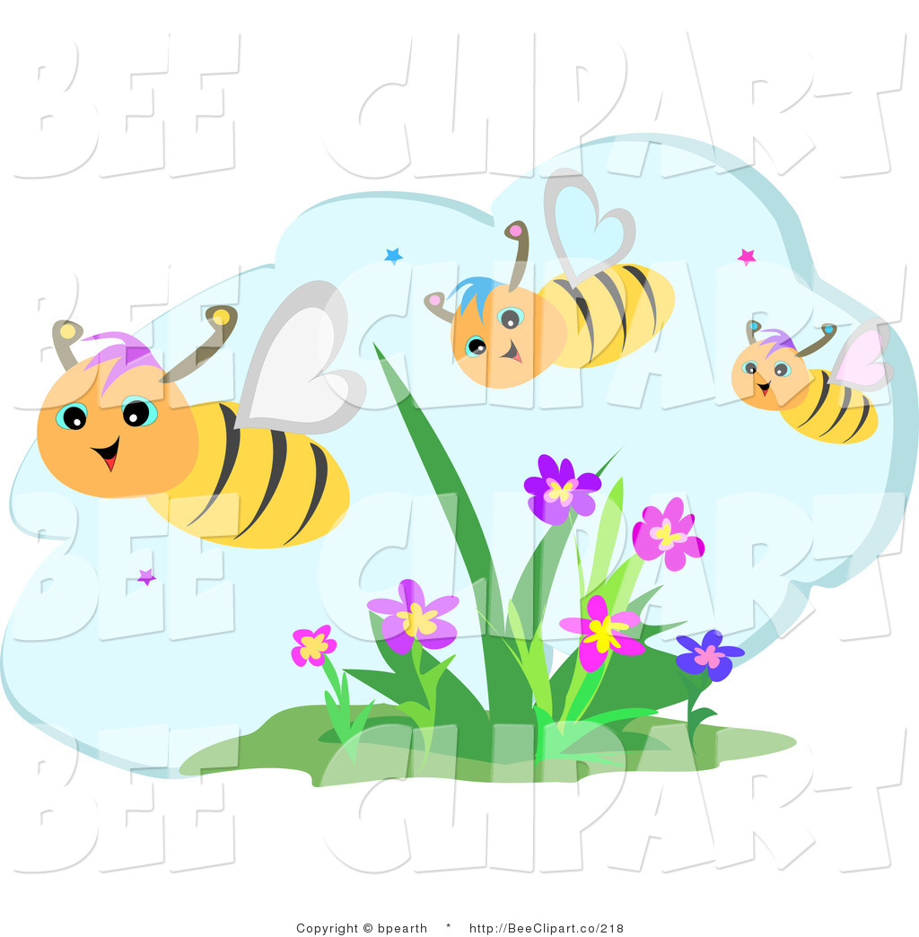 Of A Trio Of Happy Honey Bees Flying Over Flowers On A Beautiful Day