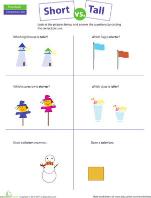 Preschool Measurement Worksheets  Comparing  Short Vs  Tall