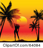 Silhouetted Woman Standing Between Palm Trees Against An Orange Sunset