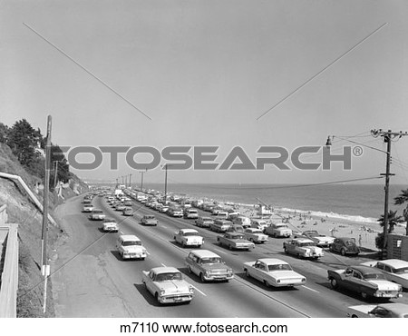 Stock Photography Of 1950s 1960s Highway Traffic Cars Along Malibu