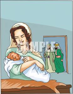 Woman Holding A Baby Wrapped In A Blanket   Royalty Free Clipart