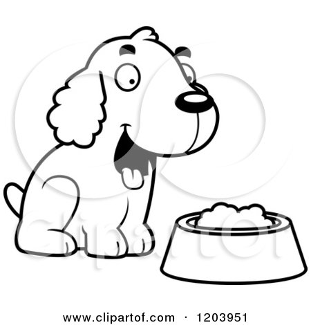 Black And White Cute Spaniel Puppy By A Bowl Of Dog Food