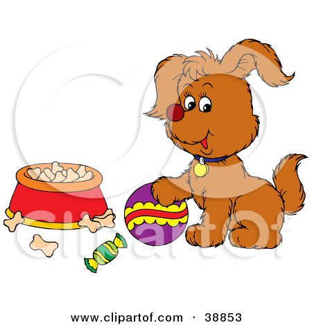 Clipart Illustration Of A Playful Puppy With A Ball Near A Bowl Of Dog