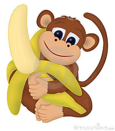 Cute Cartoon Illustration Of A Monkey Hugging A Giant Banana