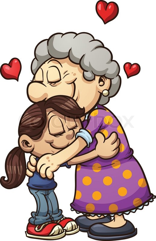 Girl Hugging Her Grandmother  Vector Clip Art Illustration With Simple