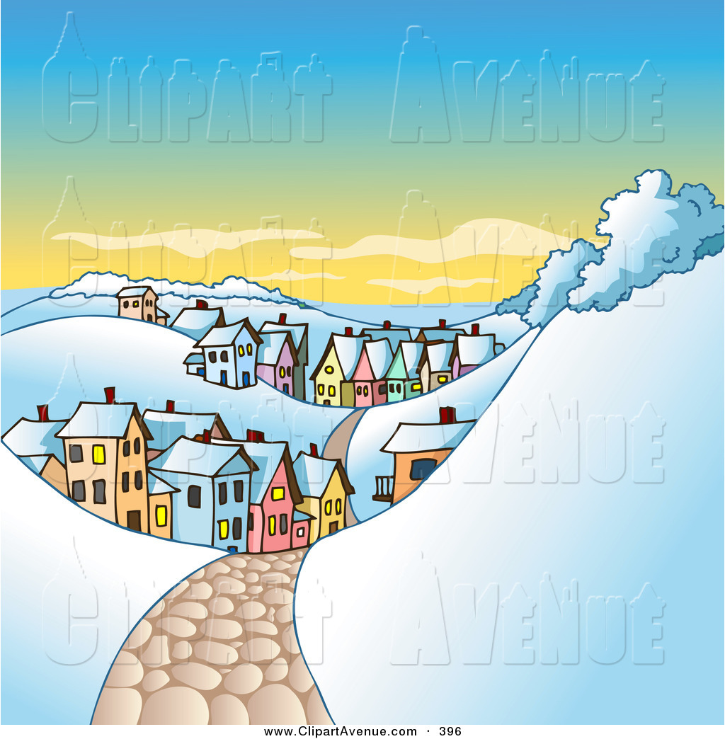 Snowy Cobblestone Road Leading Through A Hilly Village With Colorful
