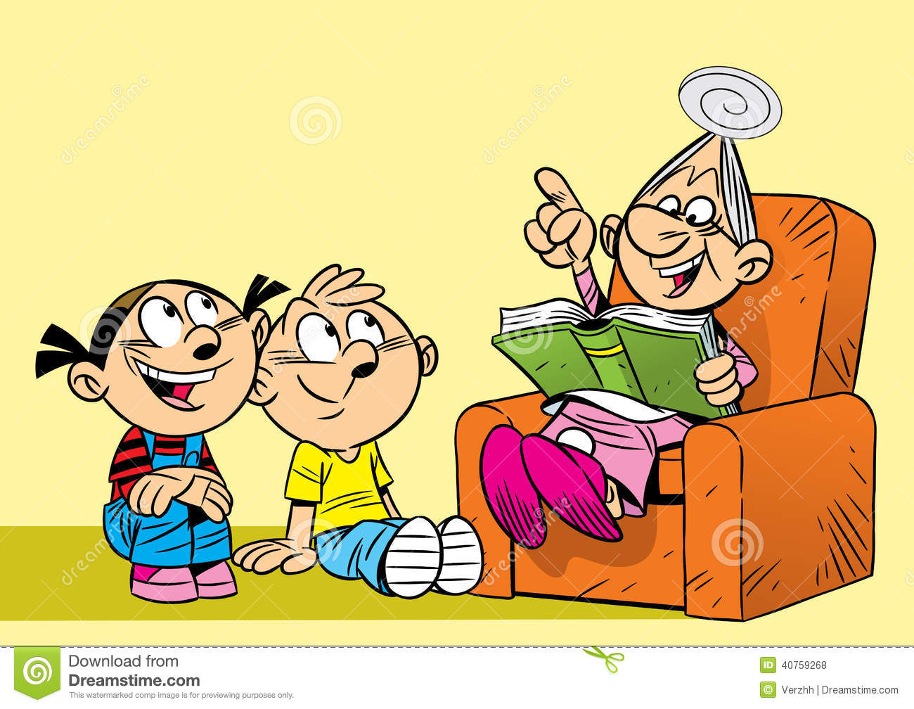 The Illustration Shows The Grandmother Which Is Reading A Book For
