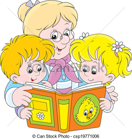 Vector Clipart Of Grandma And Grandchildren Reading   Grandmother Is